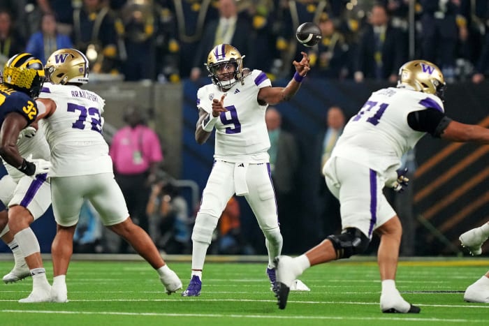 Jan 8, 2024; Houston, TX, USA; Washington Huskies quarterback Michael Penix Jr. (9) throws a pass during the second quarter against the Michigan Wolverines in the 2024 College Football Playoff national championship game at NRG Stadium.